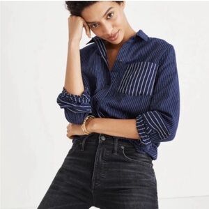 🛑Madewell Classic Ex Boyfriend Button Up Shirt Stripe Mix Navy Blue S